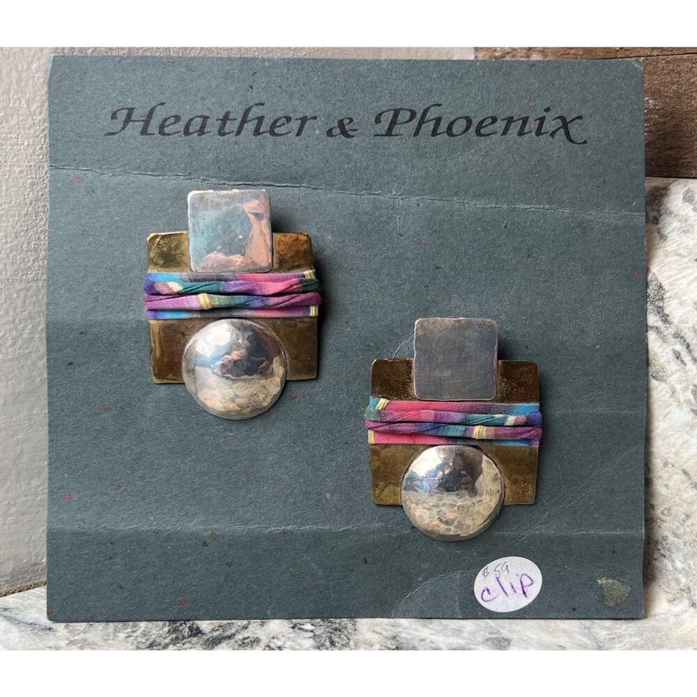 Vtg Heather & Phoenix Artisan Hammered Brass/Silver/Silk Clip Earrings Boho Art